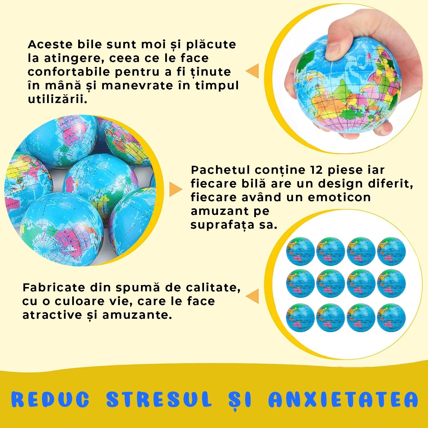 Set 12 Bile Senzoriale Antistres cu Emoticoane – Squishy, Colorate, 5cm 3
